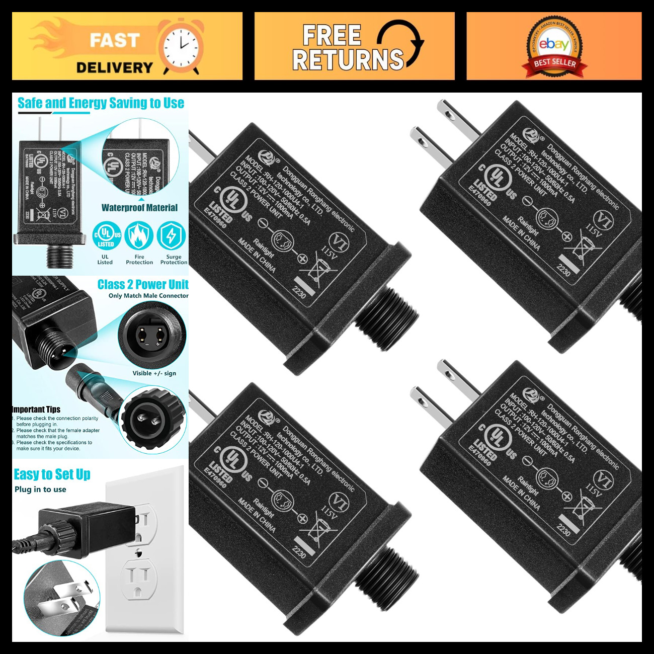 4 Pack 12V 1A Inflatable Yard Decor Adapter, Class 2 Power Supply, Outdoor Use