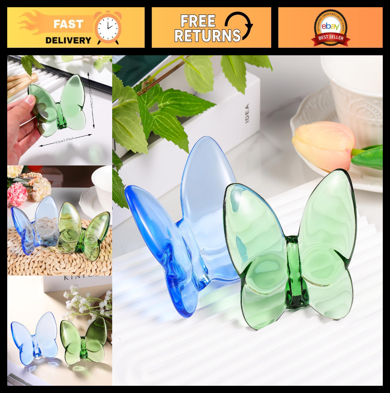 2pcs Crystal Butterfly Figurines - Glass Art Collectibles, Home Decor Gifts for