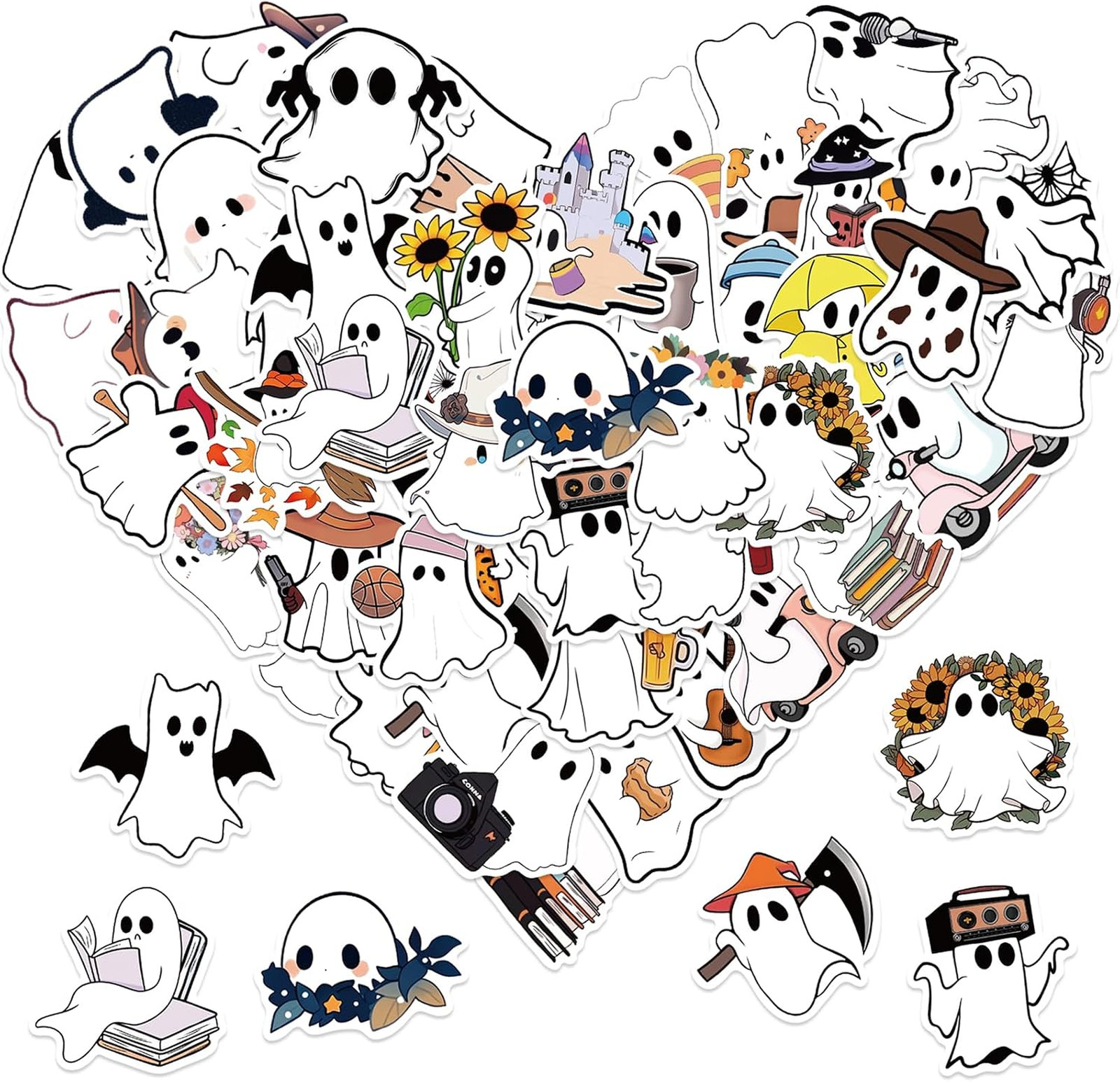 50Pcs Halloween Ghost Theme Stickers, Cute Ghost Decorative Stickers for