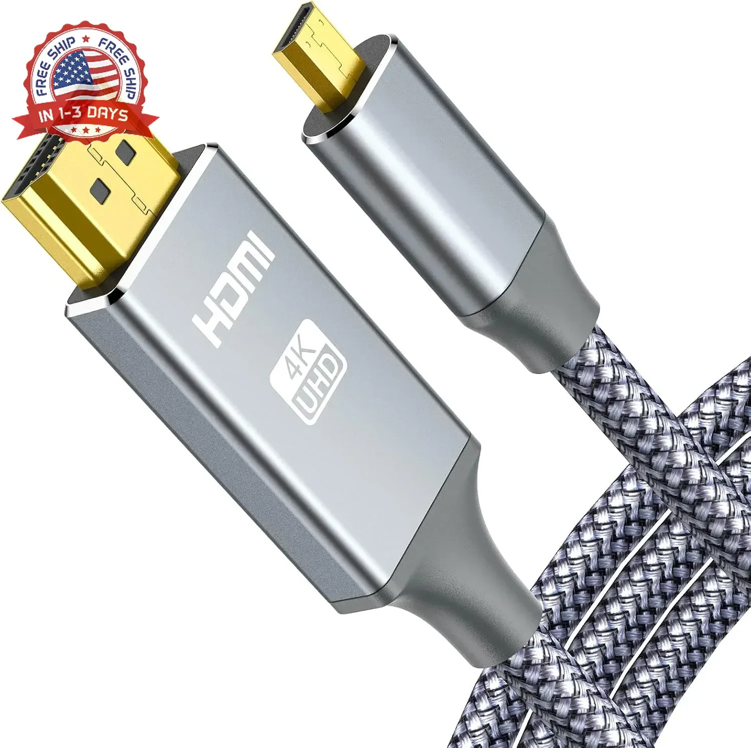 4K Micro HDMI to HDMI Male Cable Adapter, 4K@60Hz HDR Nylon Braid Cord for GoPro