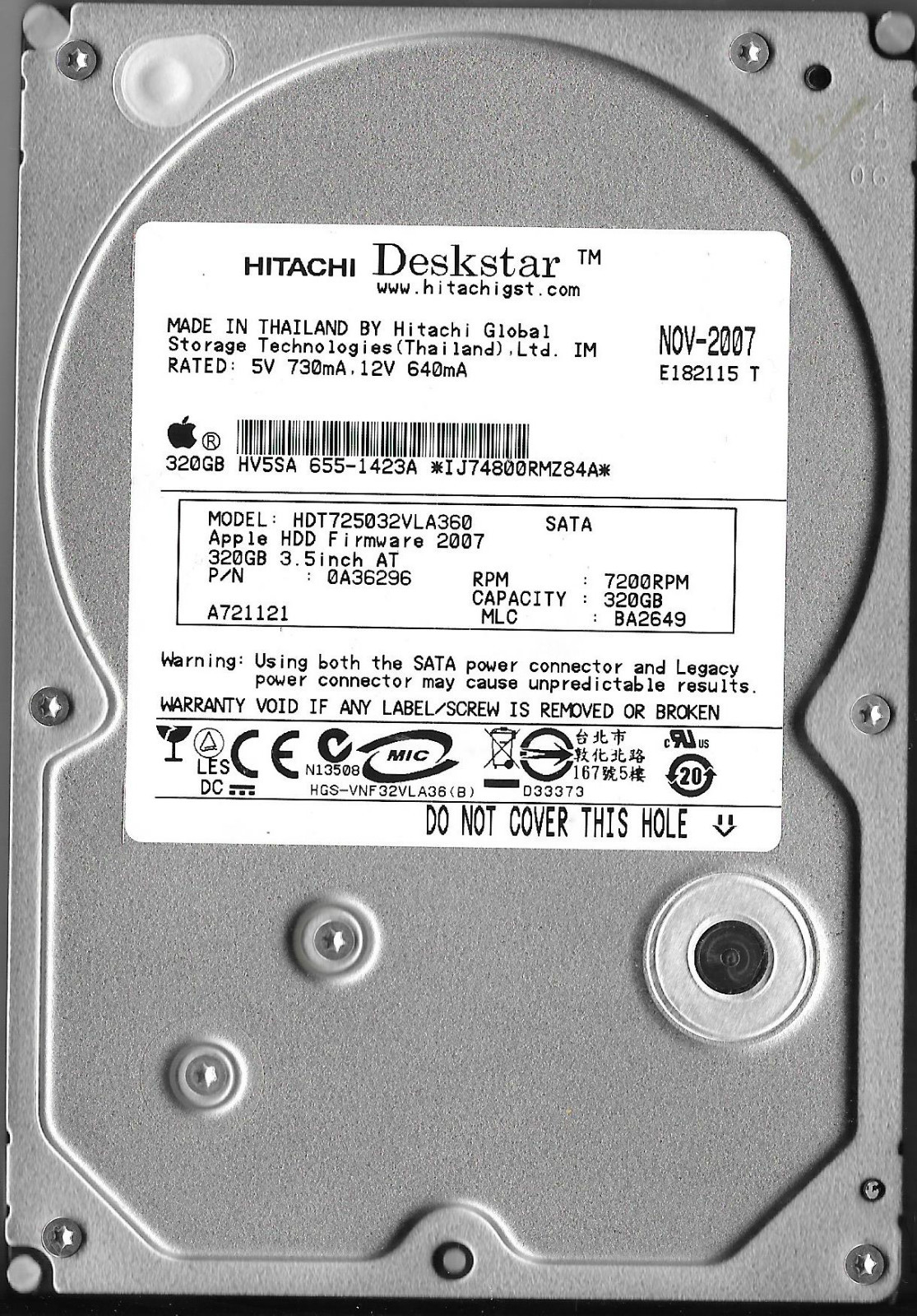HITACHI HDT725032VLA360 320GB SATA HARD DRIVE  P/N:0A36296  MLC: BA2649