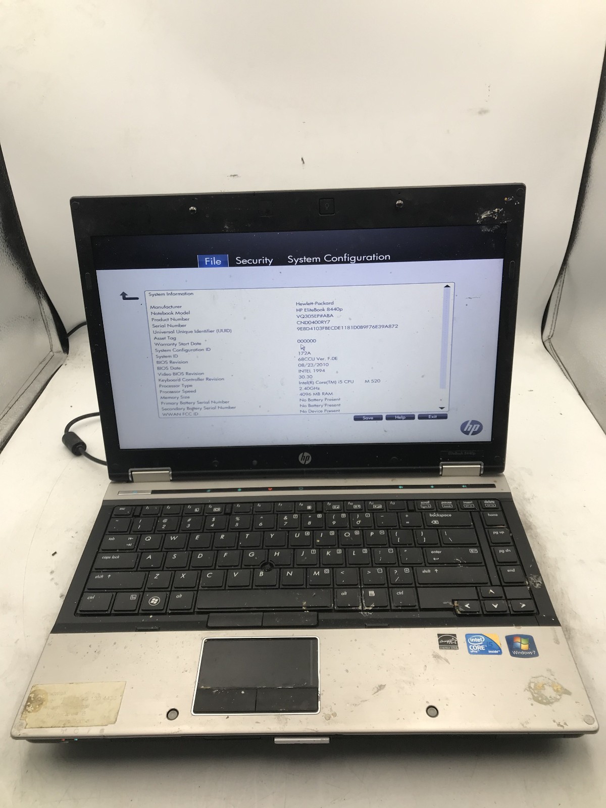 HP ELITEBOOK 8440P - BOOTS TO BIOS - INTEL I5 M520 - NO RAM - 14" - READ - BB 