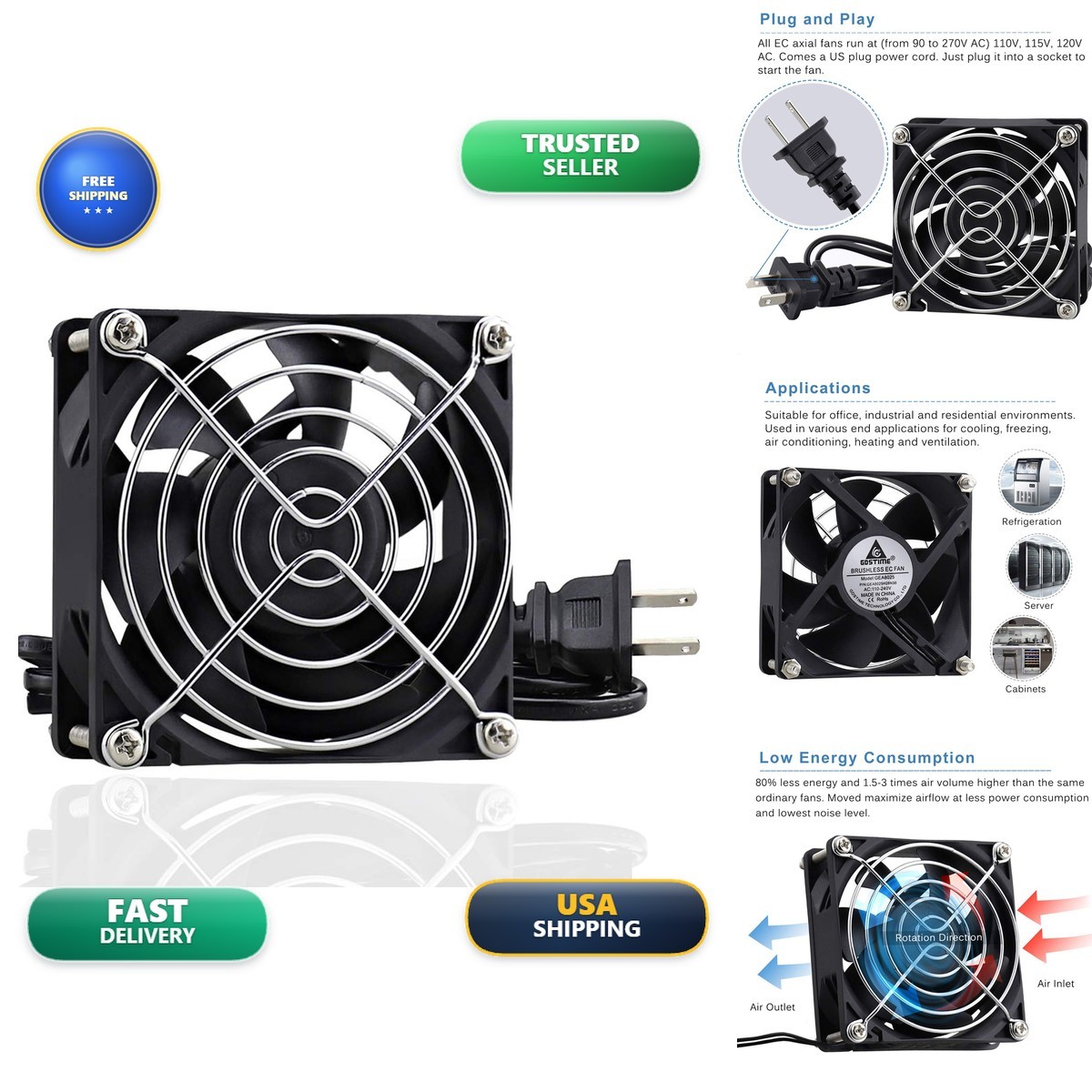 GDSTIME EC8025S 80mm x 25mm EC Axial Fan 110V-240V Brushless Cooling Case Fan