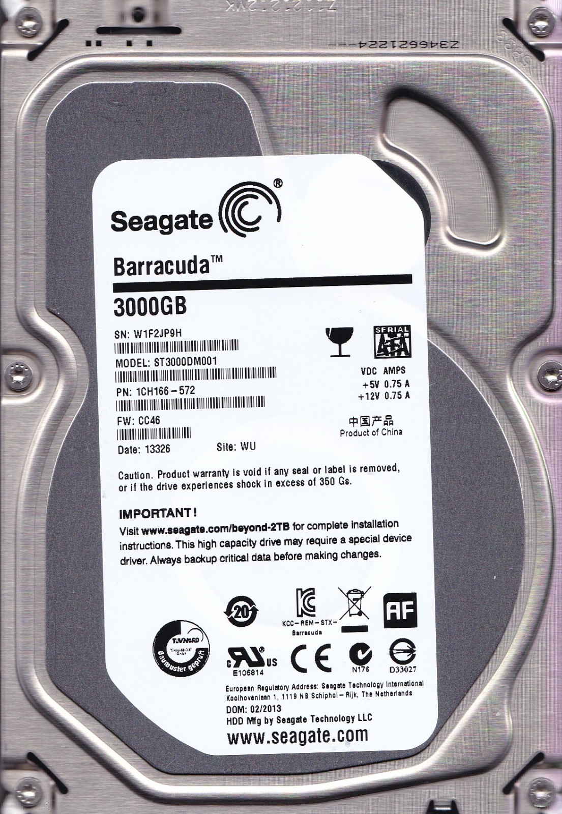 ST3000DM001 p/n: 1CH166-572 s/n: W1F f/w: CC46 WU SEAGATE 3TB SATA 3.5" 02/2013