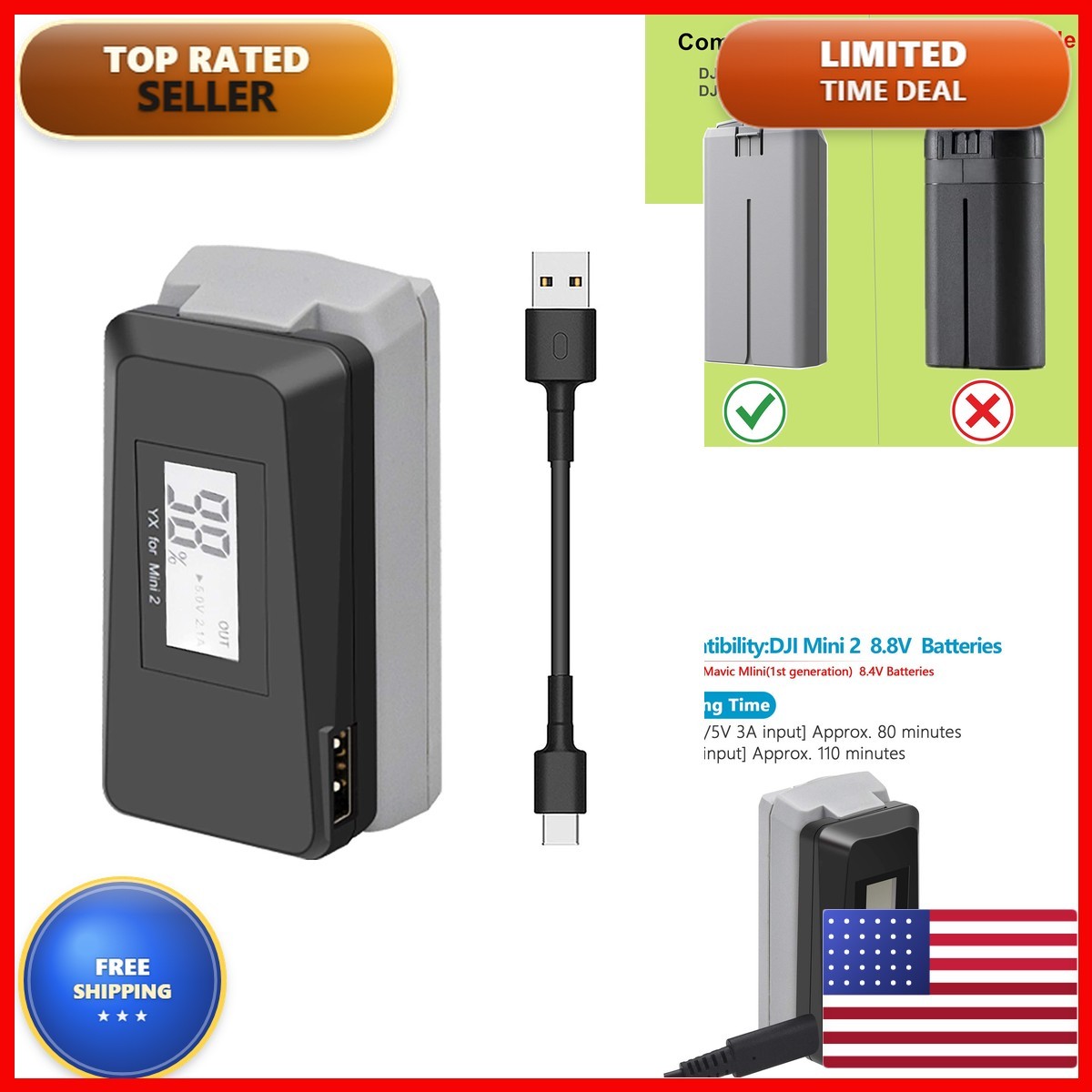 Hanatora USB Battery Charger Quick Charge 3.0 for DJI Mini 4K/2/Mini SE/2 SE