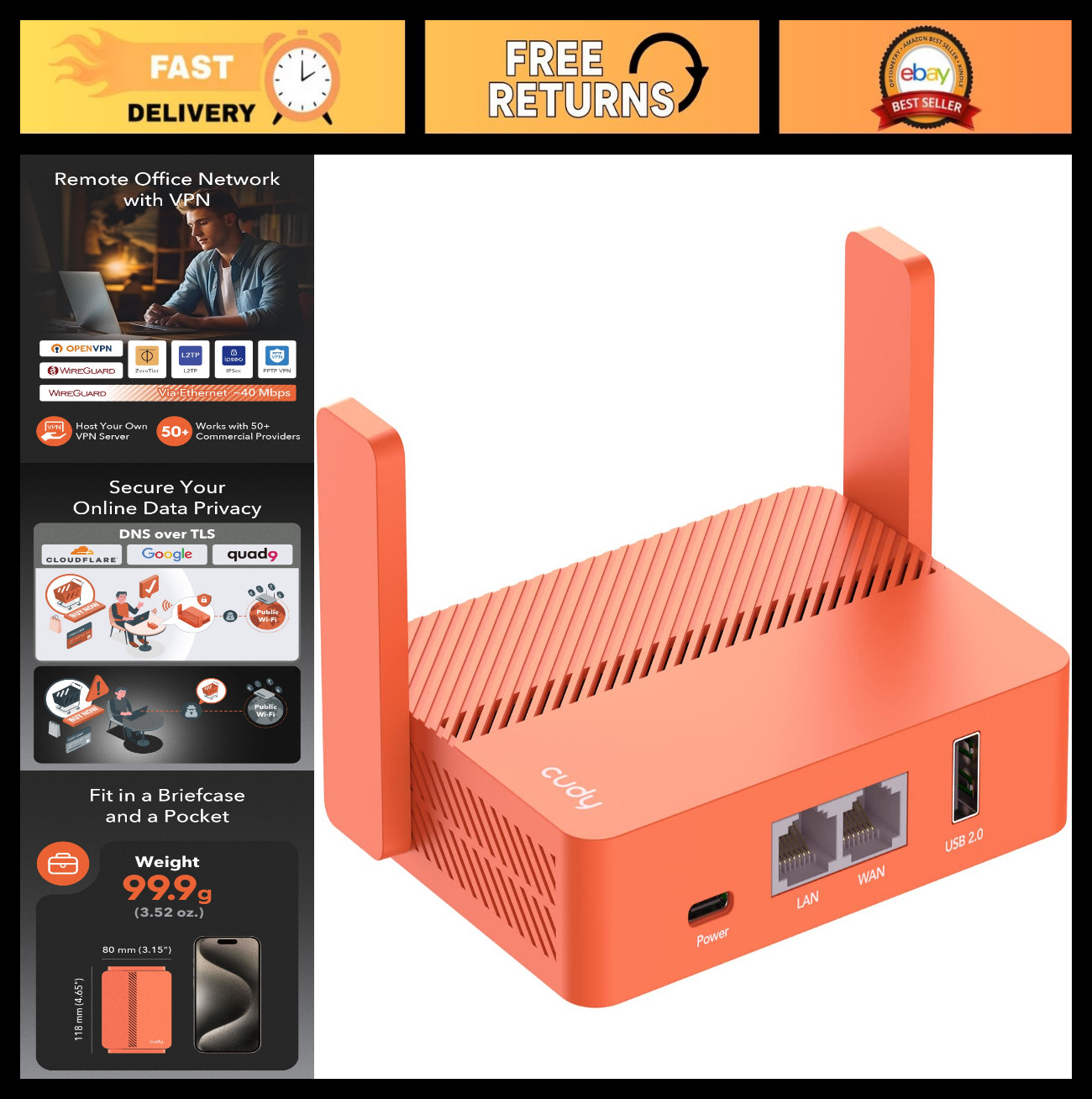 Mini Wi-Fi Router AC1200, Pocket-Sized, USB-C, VPN, OpenWRT, 867+300Mbps, MU-MIM