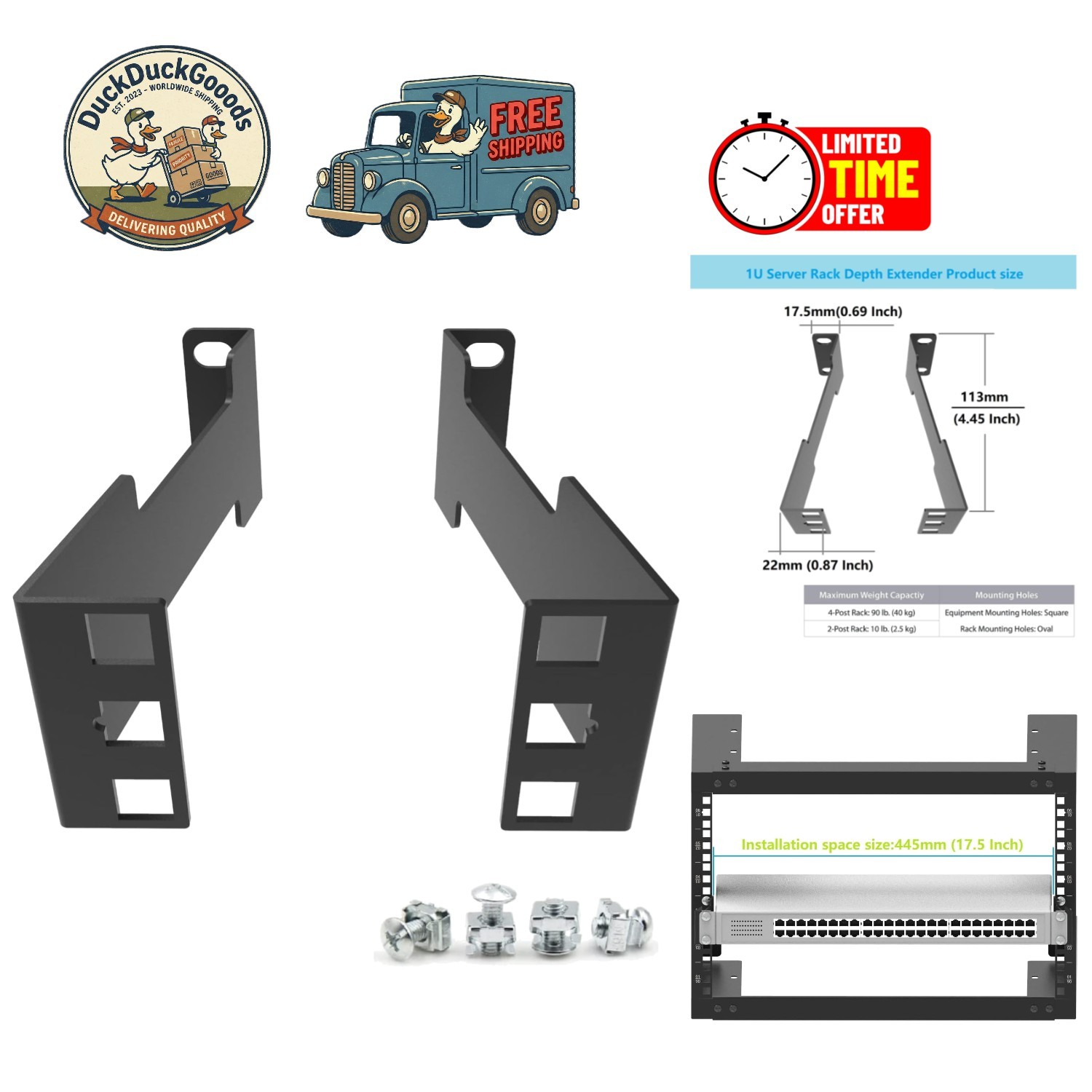 Heavy-Duty 1U Rack Depth Extender - 4.4-Inch Expansion for Network Equipments