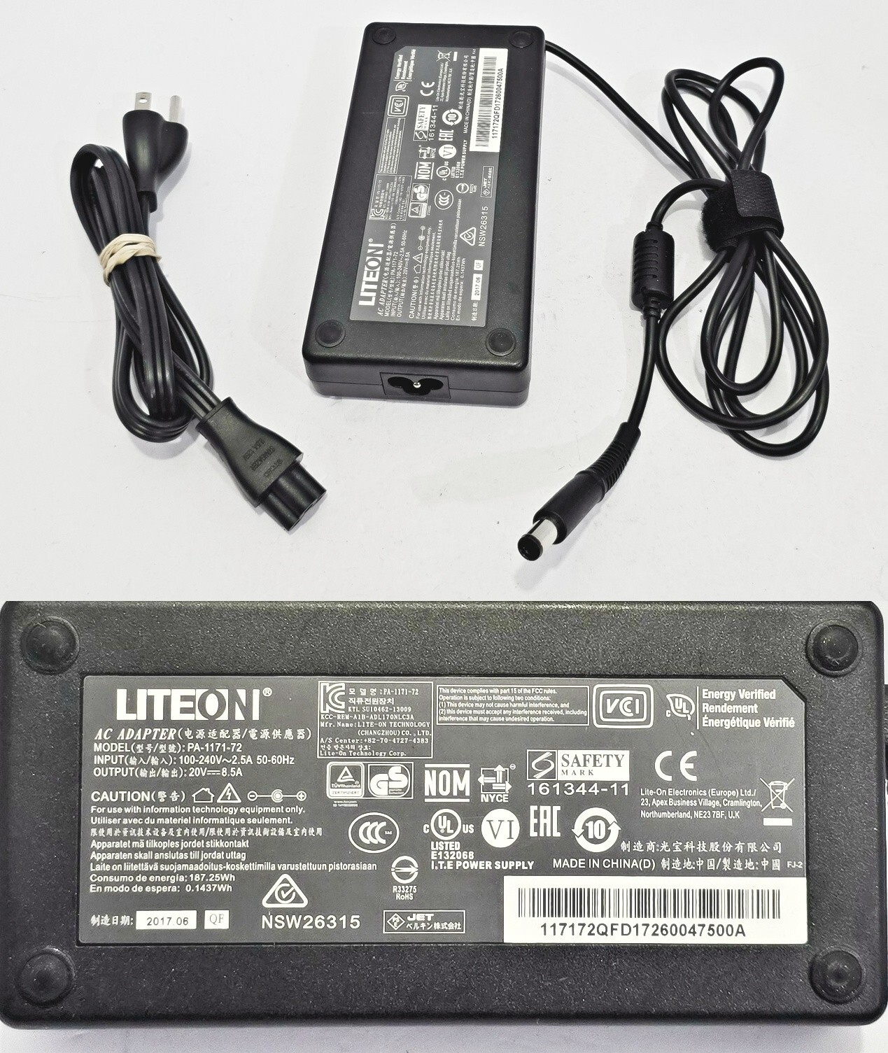 Genuine Slim LITEON 20V 8.5A 170W 7.4mm*5.0mm Pin PA-1171-72 NSW26315 AC Adapter