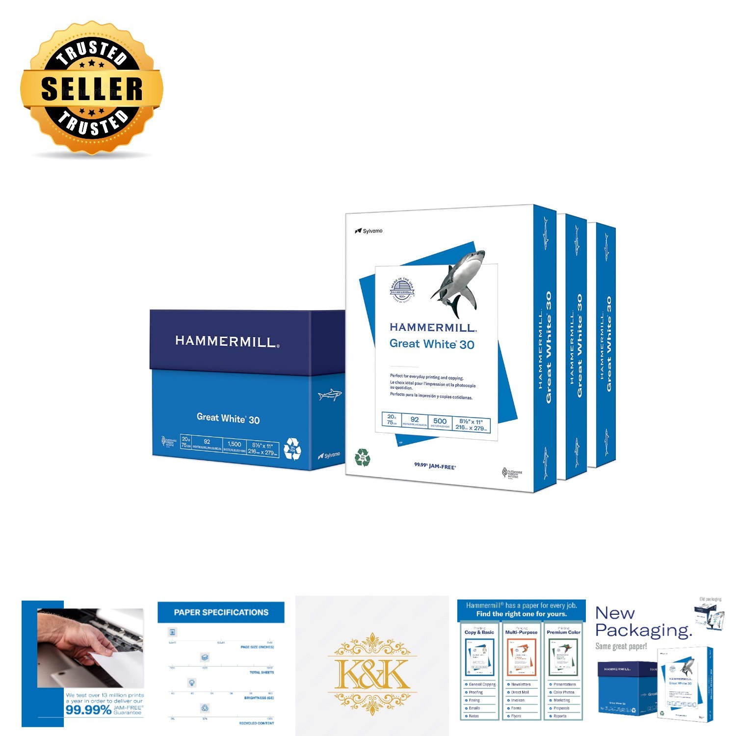 Great White 30% Recycled Printer Paper, 8.5x11, 1,500 Sheets, 99.99% Jam-Free