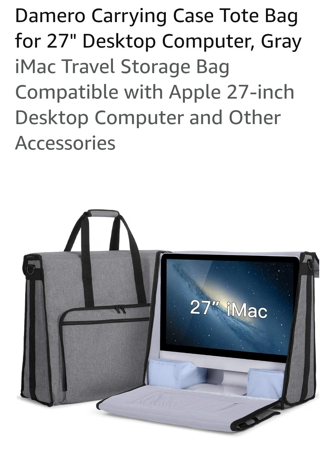 Damero Carrying Case Tote Bag for 27" iMac Desktop Computer Gray Travel Storage