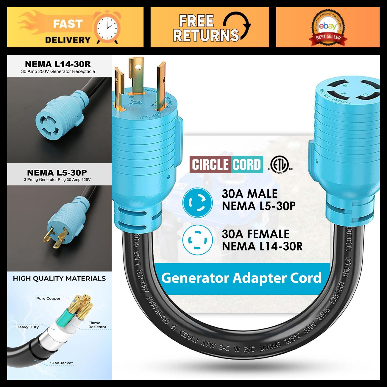 3 Prong to 4 Prong Generator Adapter Cord - Heavy Duty Power Converter Plug