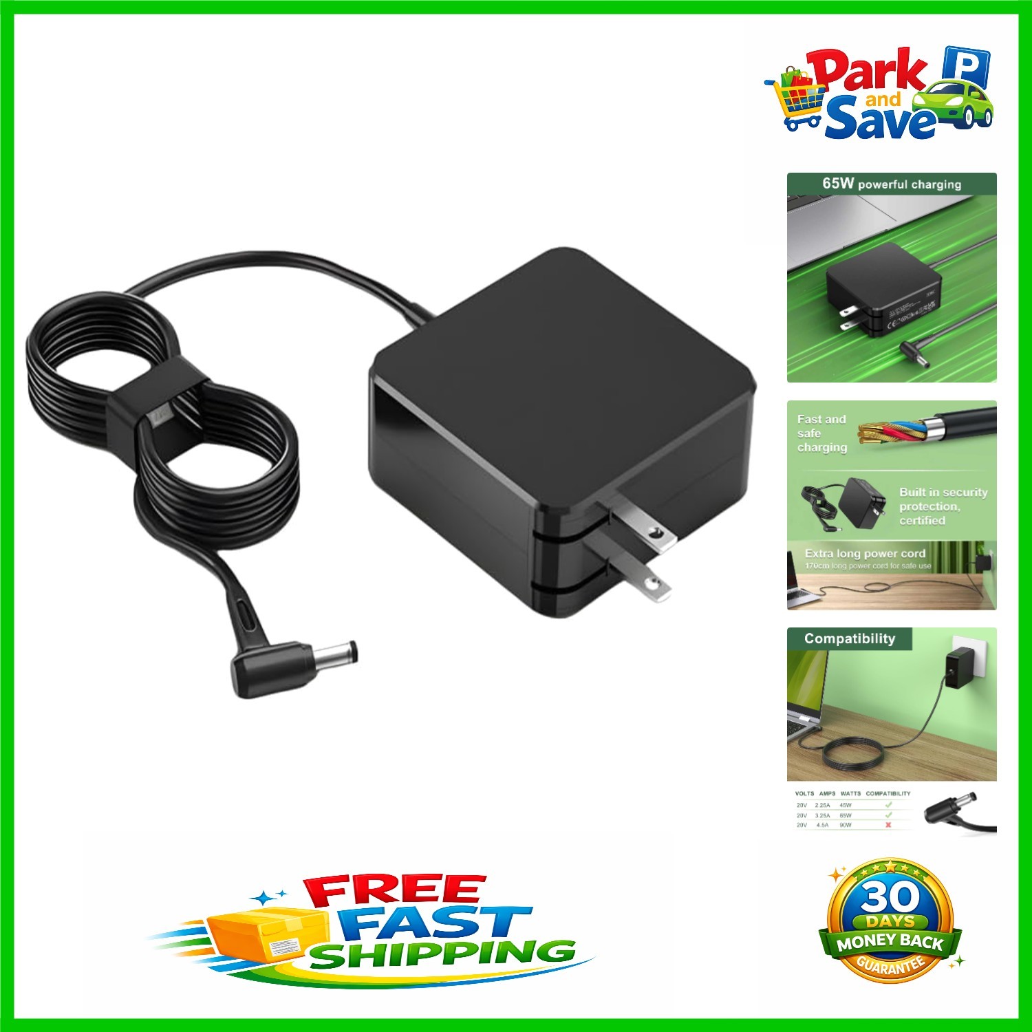 Universal 65W Round Tip Charger for Lenovo Laptops - Portable & Durable