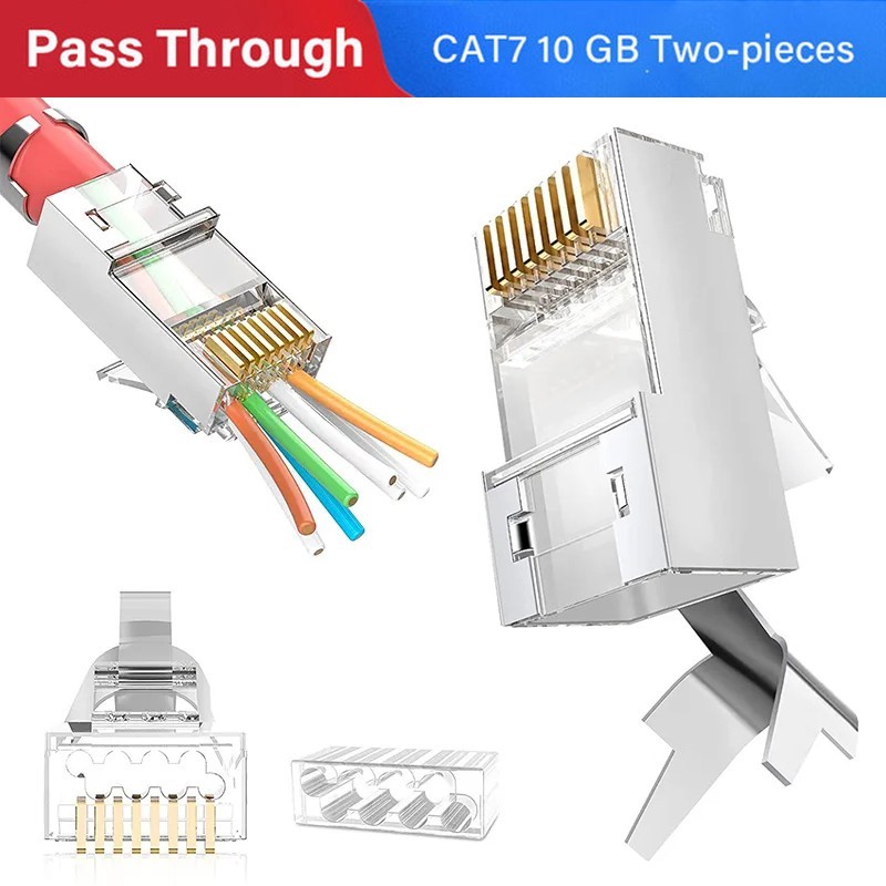 Shielded RJ45 Cat7 Pass Through connectors 8P8C 2-Piece Modular Data Plug