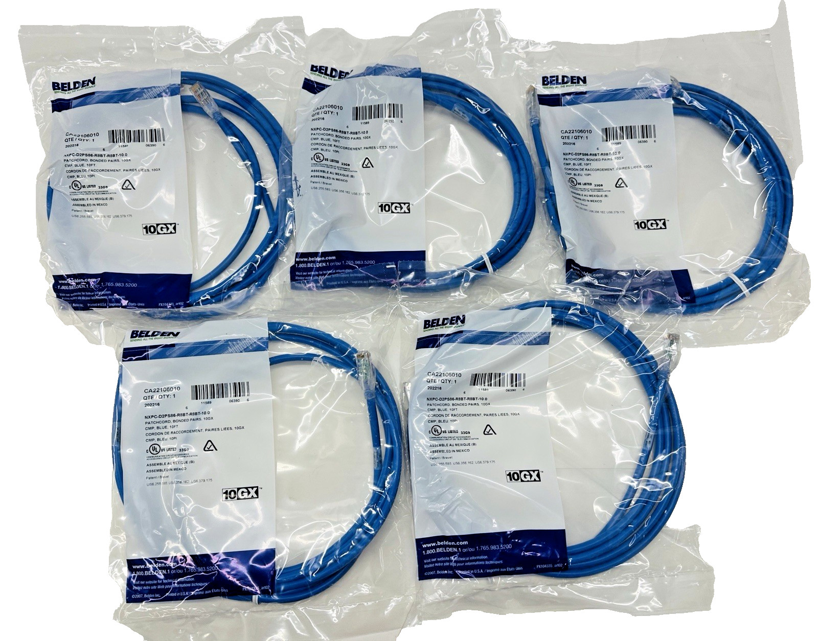 Lot of 5 Belden 10'  CA21106010 10GX Patch Cord 24 AWG 10-Foot Blue T568A/B. New
