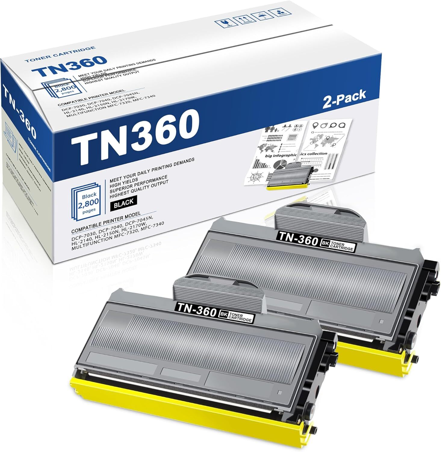 2PK TN360 330 Toner Cartridge For Brother TN-360 HL-2140 2170W MFC-7340 7840W