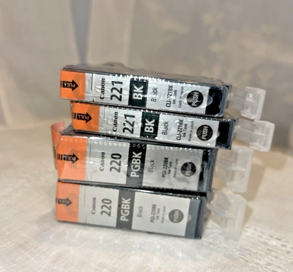 Genuine Canon 220 (qty 2) & 221(qty 2) Black Ink Cartridges - Sealed/New