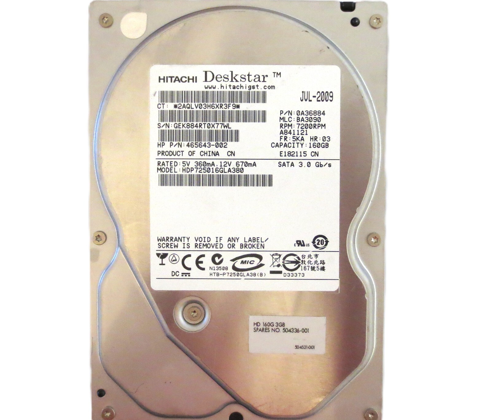 Hitachi HDP725016GLA380 0A36884 BA3090 (GEK) China 160gb 3.5" Sata HDD JUL-2009