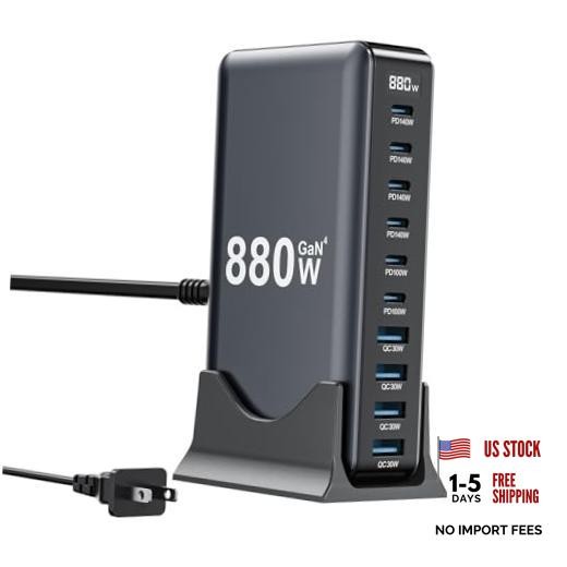 880W USB C Charger Block,10-Port USB C Charging Station GaN IV Travel Black