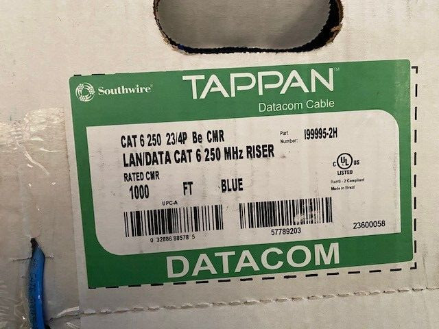 Southwire Tappan Cat 6 Cable, 23 AWG, 4 Pair, CMR, Blue, 1000' Reel I99995-2H