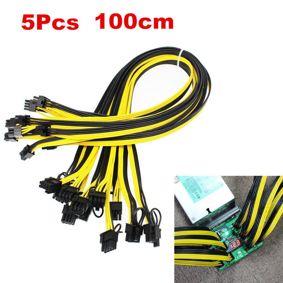 5Pcs/lot 100cm Cable 6 pin to 8 pin (6+2) PCI-E PCIE 18AWG Cord Mining GPU Power