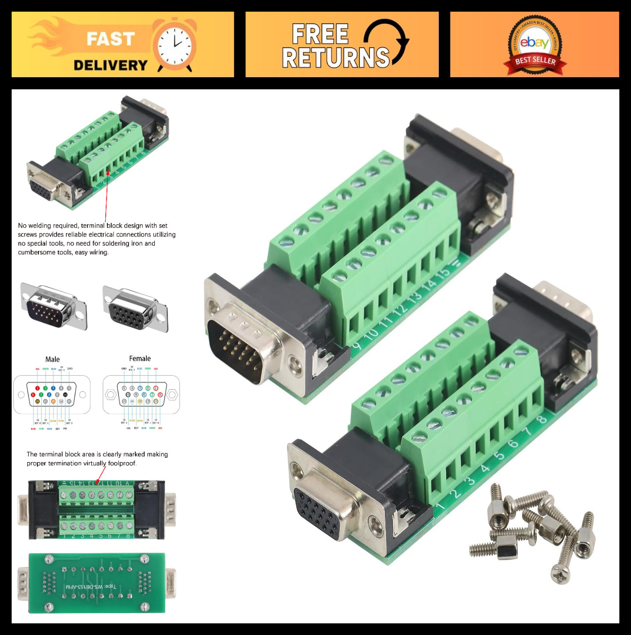 2PCS Solderless DB15 VGA Male Female Connector Breakout Adapter | 3 Row D-SUB, R