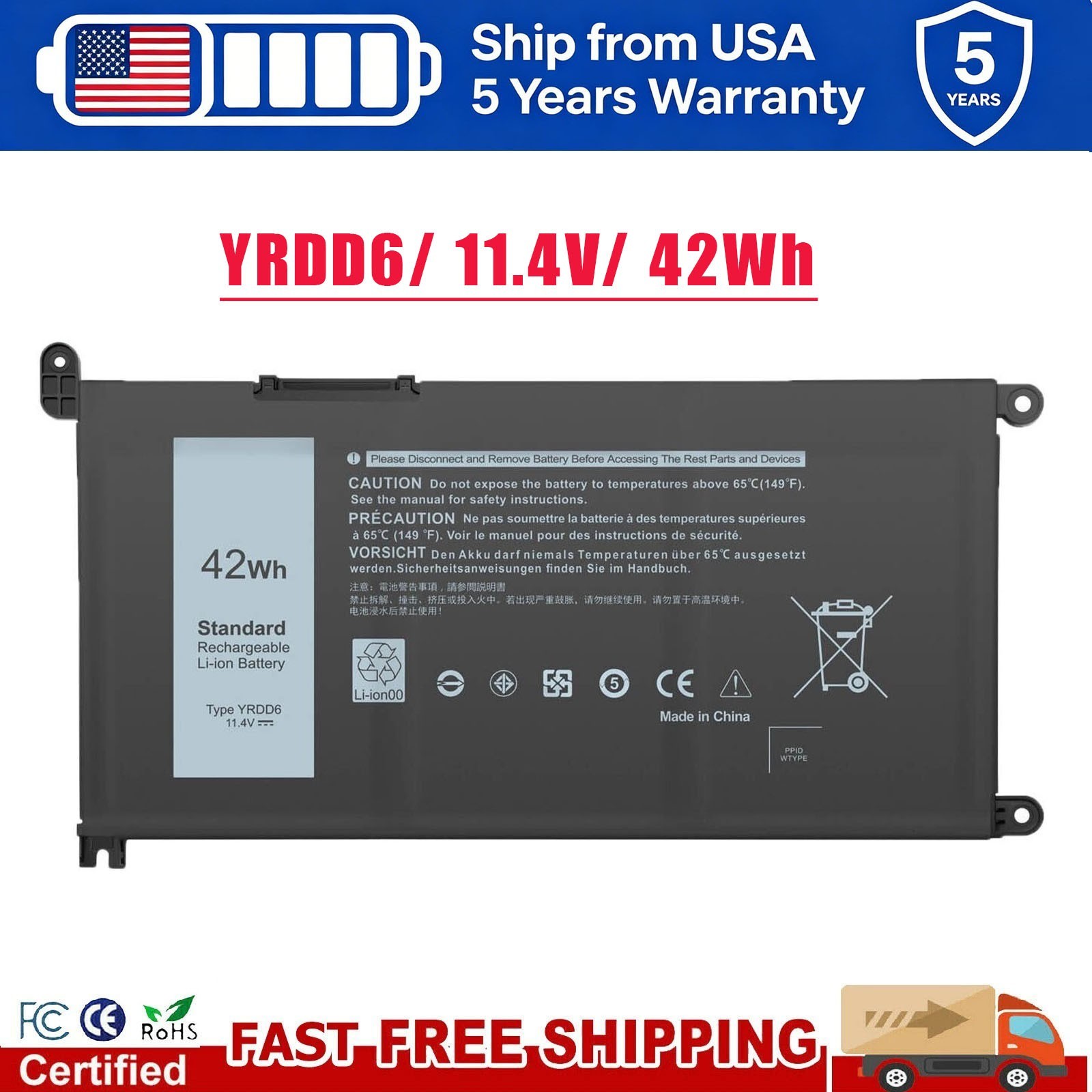 YRDD6 Battery For Dell Latitude 3310 2-in-1 Vostro 5481 5581 5490 5590 Series