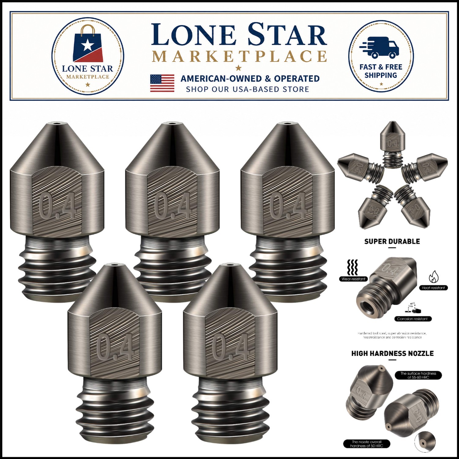 Precision 0.4mm MK8 Nozzles - 5 Set of Hardened Steel for All Your Prints