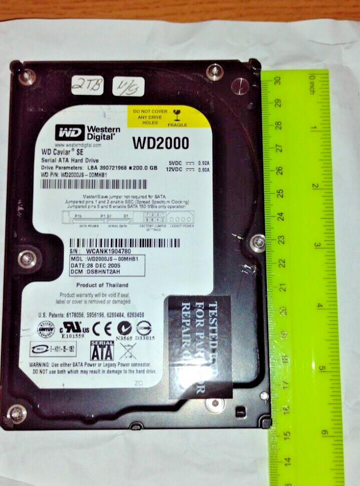 WESTER DIGITAL CAVIAR SE HARD DISK DRIVE 200GB P/N: WD2000JS-00MHB1* PARTS ONLY*