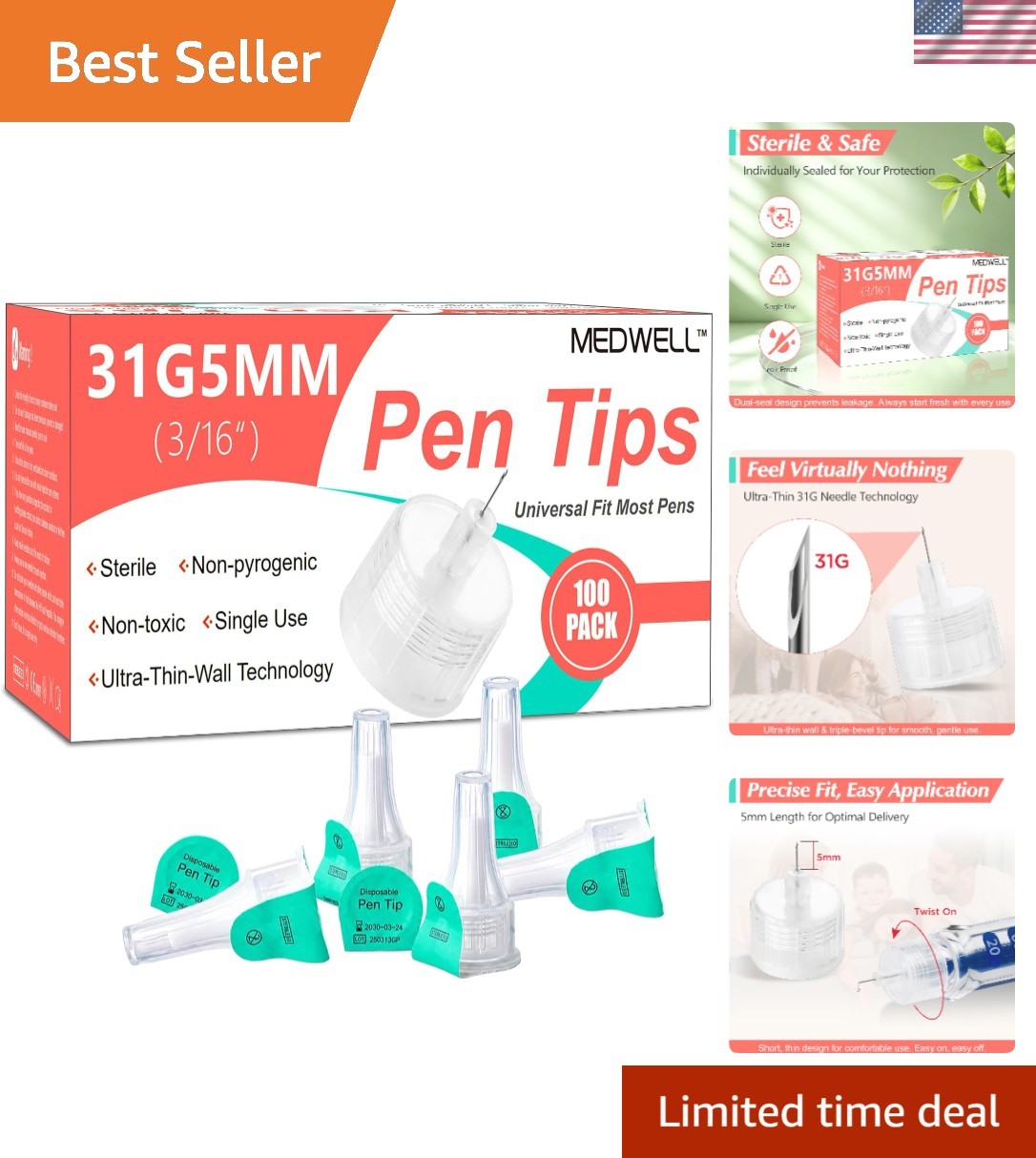 Pen Tips 31G x 5mm3/16" ，Universal Fit, Sterile，Extra-Thin-Wall Design, Comfo...