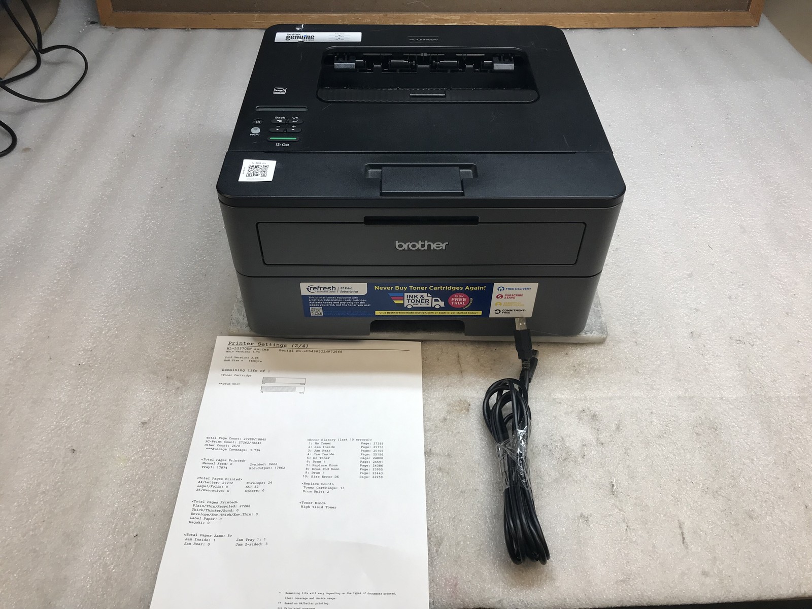 Brother HL-L2370D Monochrome Laser Printer 27288 Page Ct - tested NO Drum/Toner
