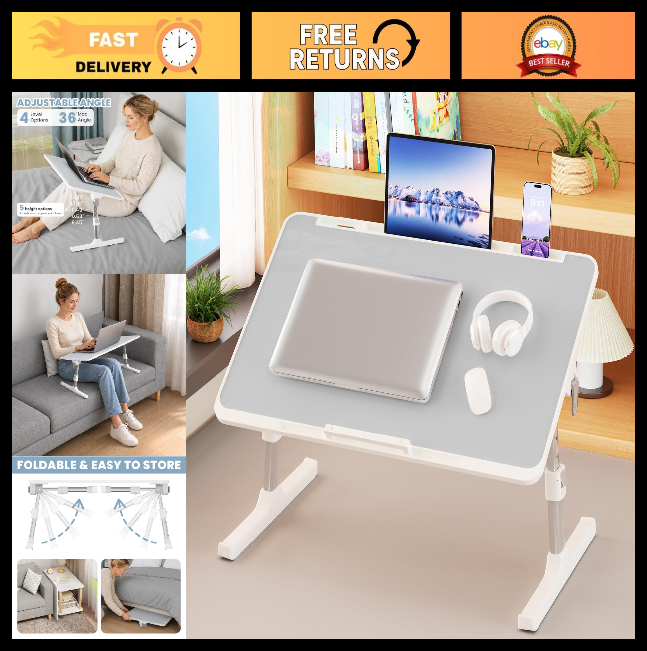 X-Large Adjustable Foldable Lap Desk for Bed - Portable Laptop Table, Work & Stu