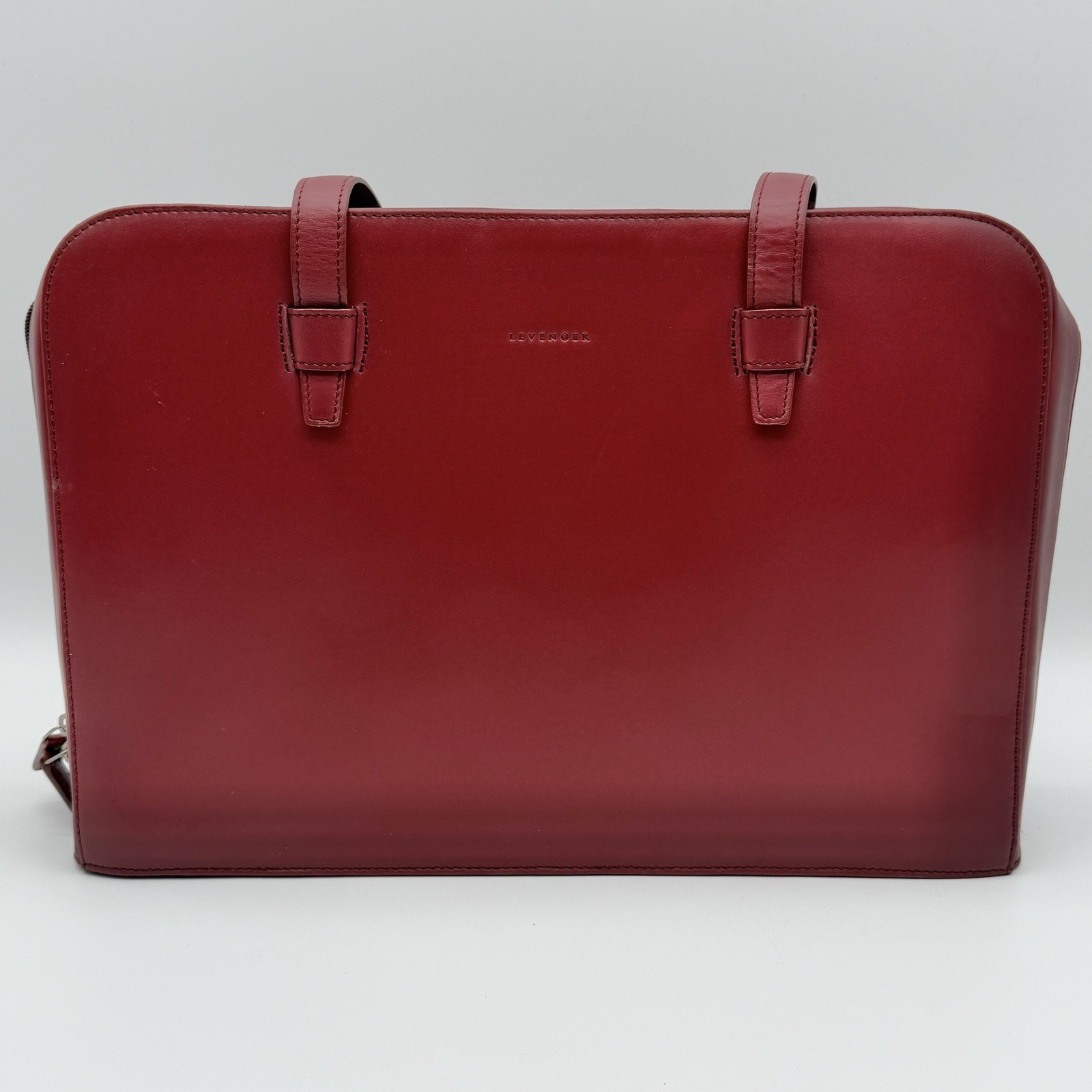 Levenger Stuctured Burgundy Red Leather Laptop Bag/Briefcase 15 1/2” X 10 1/2”/c