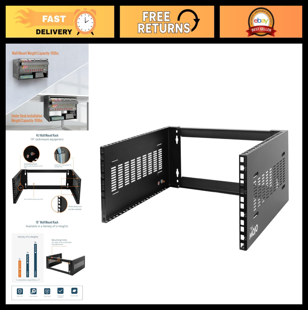 4U Wall Mount Rack 14" Depth - 19" Network Rack for IT Equipment, Switches, Patc