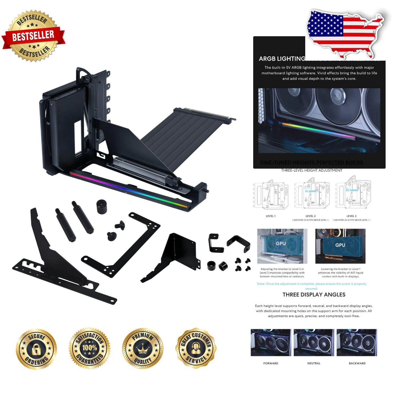 Advanced Vertical GPU Holder - 4 Slot, PCIe 5.0, ATX, 10kg Anti-Sag, Black
