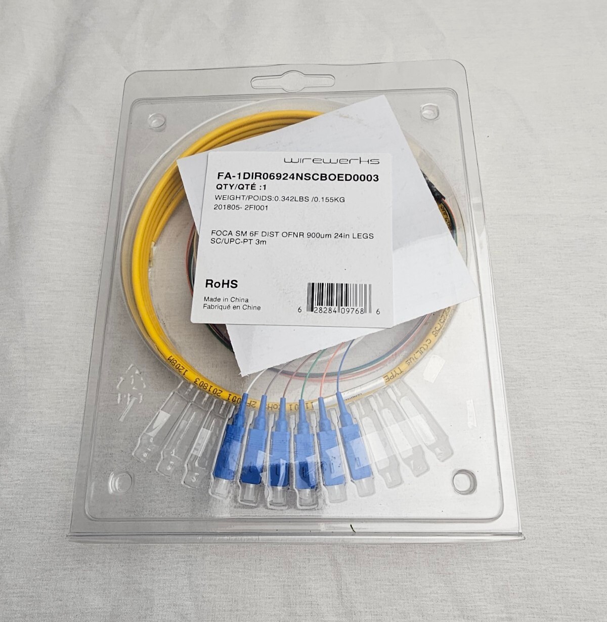 Wirewerks SC/PC Pigtail Single mode OS2 OFNP 6 Fiber 900um 24" Legs 3 Meters