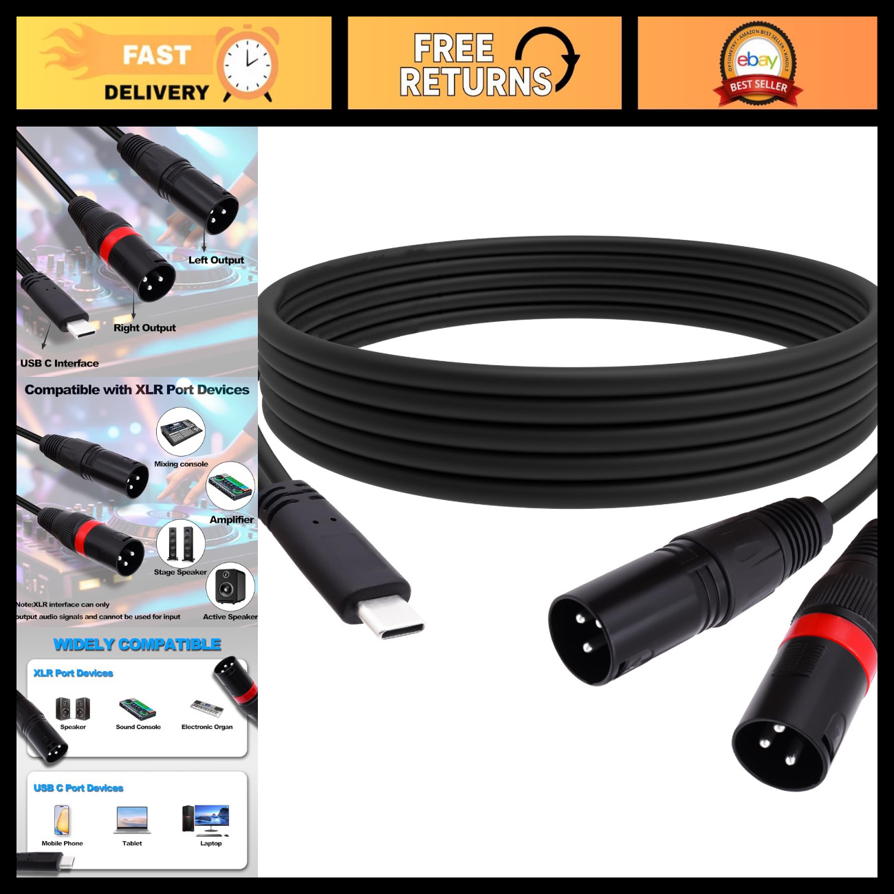 USB Type C to Dual XLR Audio Cable Adapter - 1M, High-Quality Sound Connection