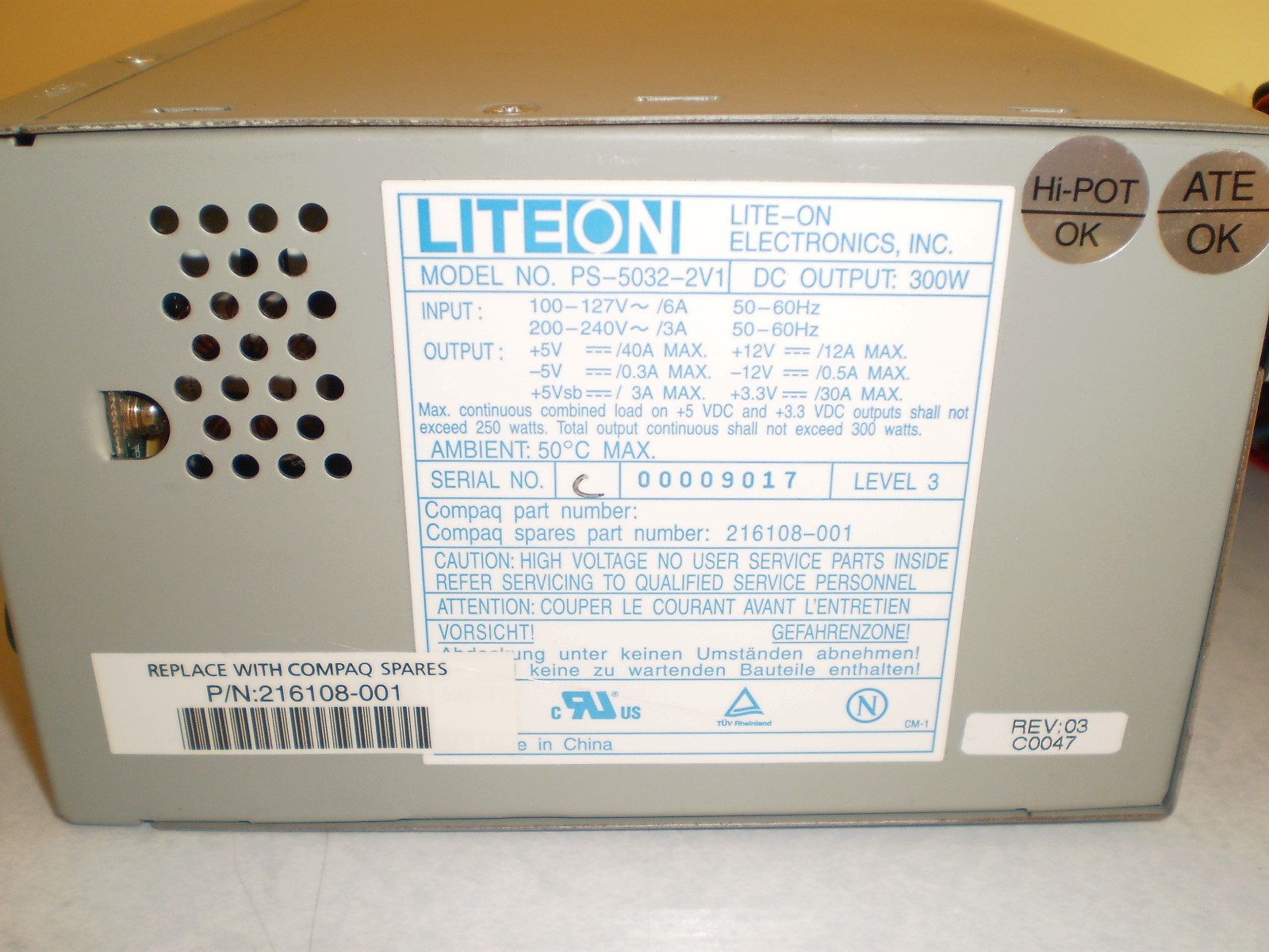 216108-001, PS-5032-2V1 HP PRL ML350/ML370 300W POWER SUPPLY