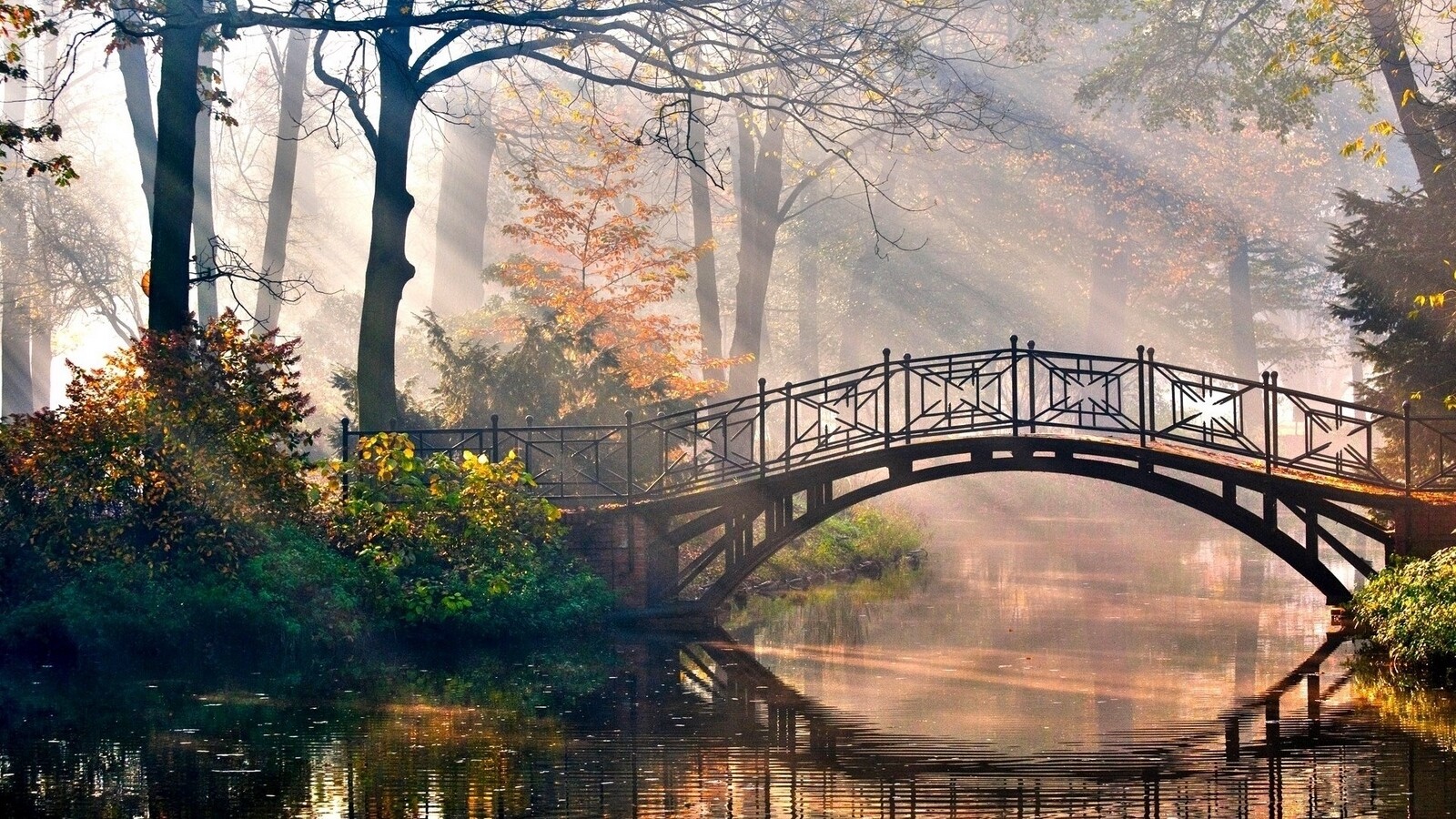 Landscape bridge river morning park dappled sunlight Custom Gaming Mat Desk