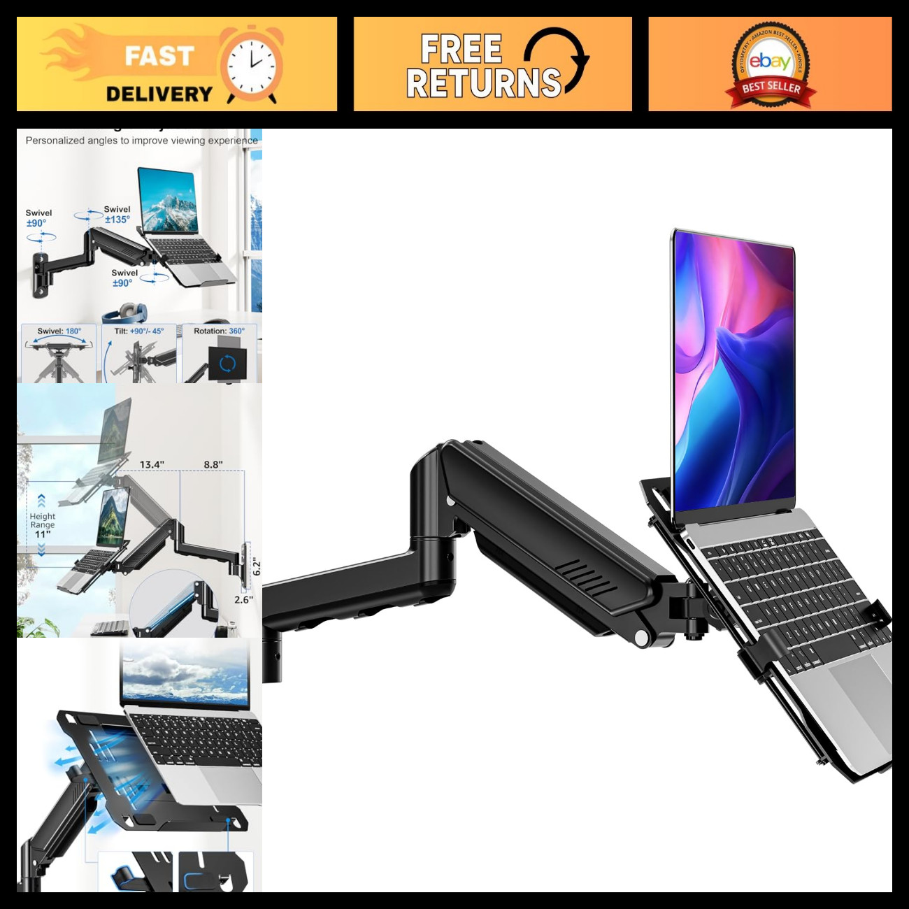 2-in-1 Laptop Wall Mount with Vented Tray, Holds Up to 22lbs, Space-Saving Desig