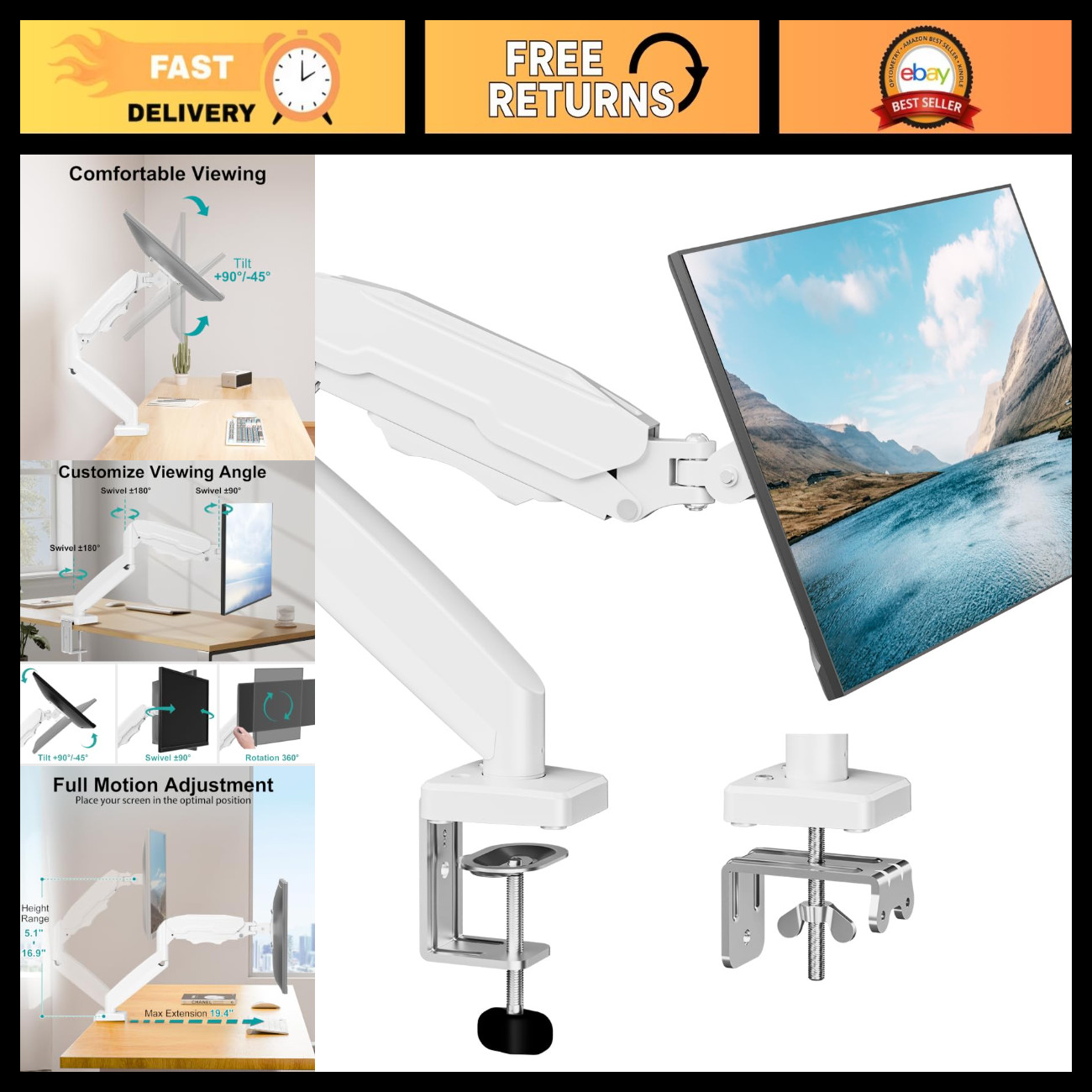 Fully Adjustable Single Monitor Mount Arm for Up to 32" Screens - Desk Clamp