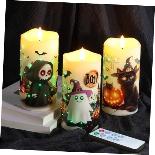 Fiber Optic Halloween Flameless Pillar Candles with Remote Reaper, Cat, Ghost