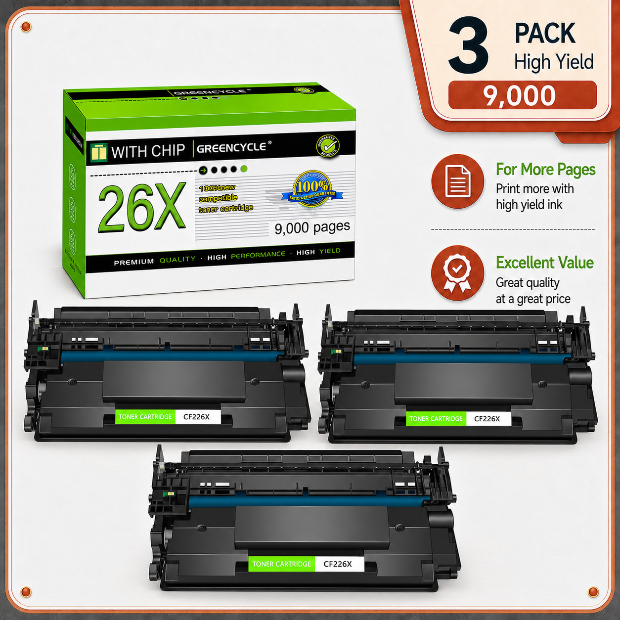 GREENCYCLE 3× CF226X 26X Toner Cartridge For HP 26X Pro M402dne MFP M426fdw M426