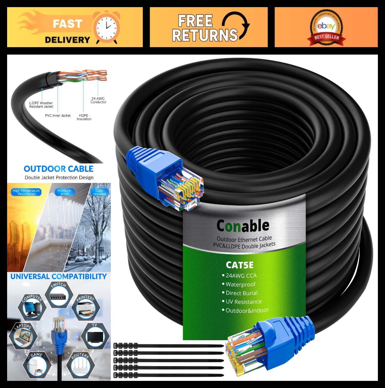 100ft Cat5e Outdoor Ethernet Cable - Heavy Duty, Waterproof, UV Resistant, Flexi