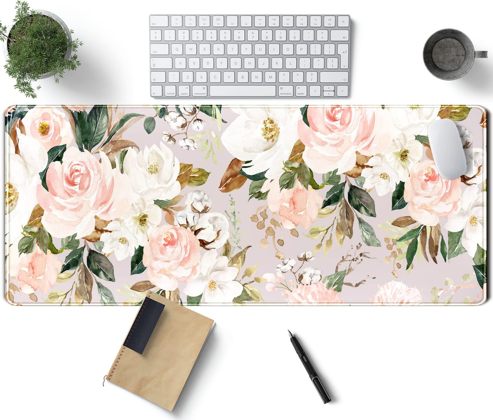 Pink Flowers Keyboard Pad PC Gaming Desk Mat Desk Mouse Pads Green Leaves Flo...