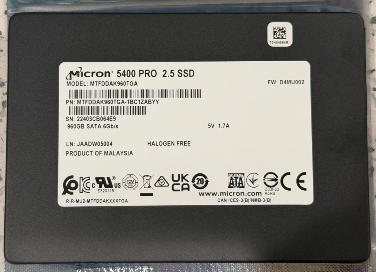 New 0 Hour Micron 5400 PRO 960GB SATA SSD MTFDDAK960TGA MTFDDAK960TGA-1BC1ZABYY
