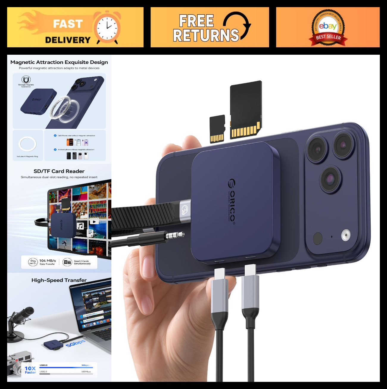 Ultra-Thin Magnetic SD Card Reader for iPhone/iPad/MacBook, USB-C Adapter, 5Gbps