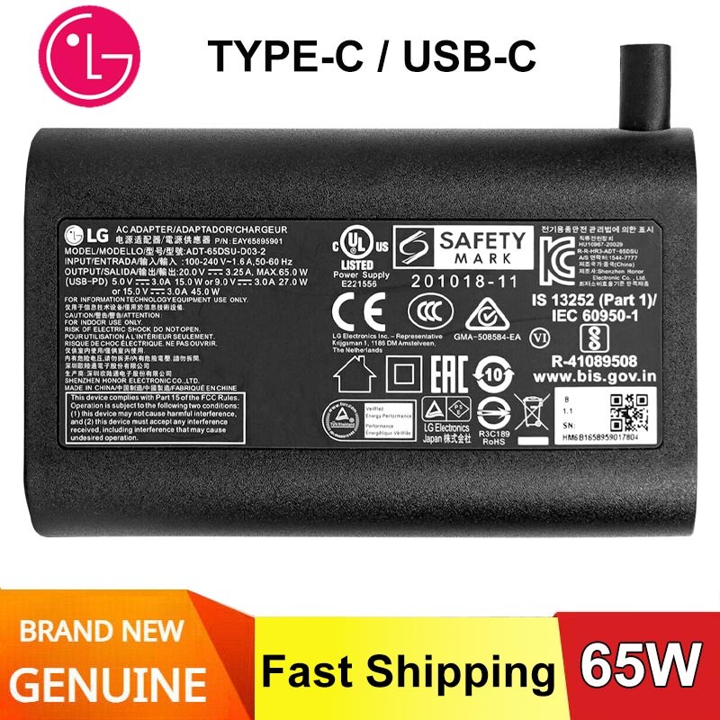 New Original 65W USB-C LG Gram 16Z90P 15Z90Q-P ADT-65DSU-D03-2 Adapter Charger