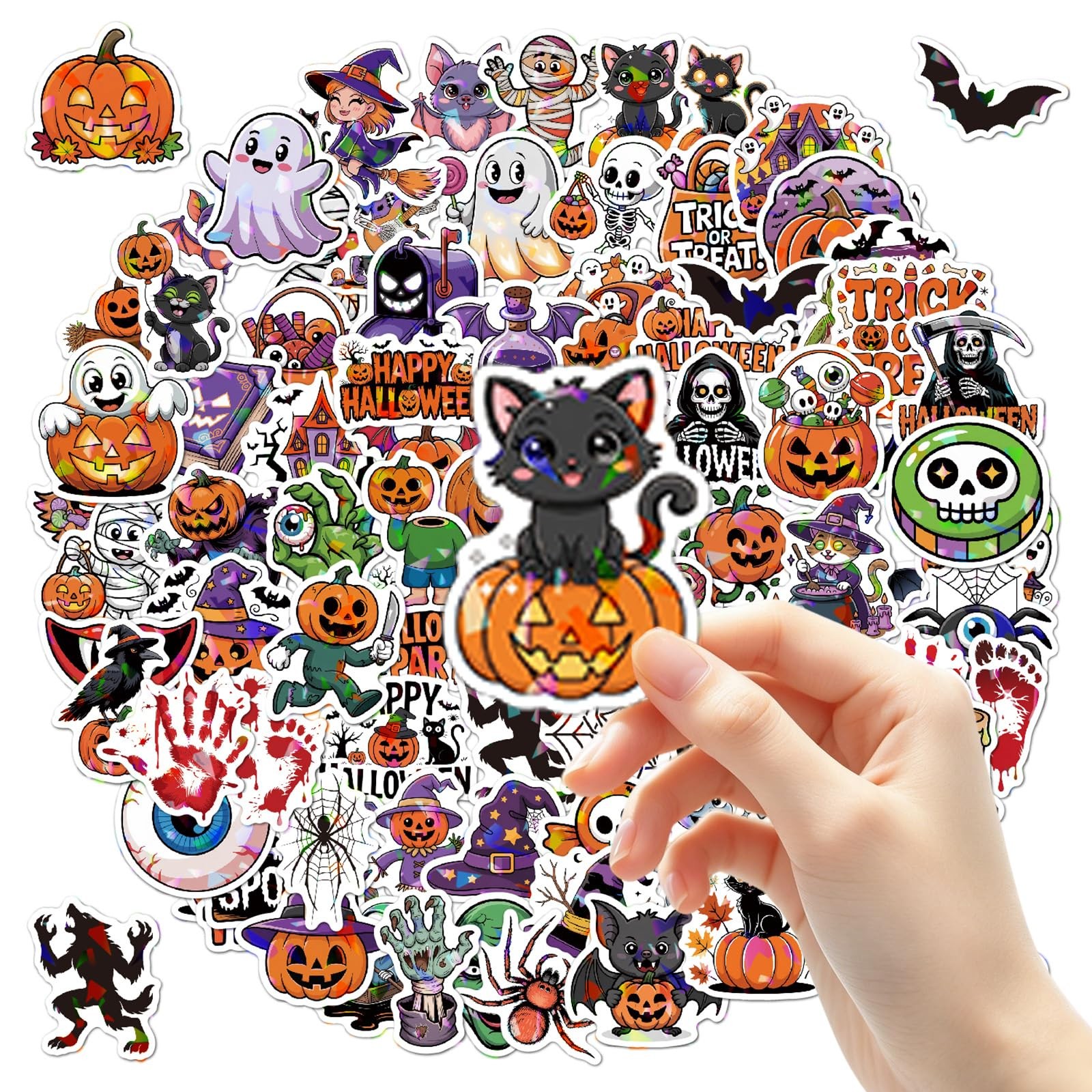 Halloween Stickers,100 PCS Holographic Cute Spooky Vinyl Stickers