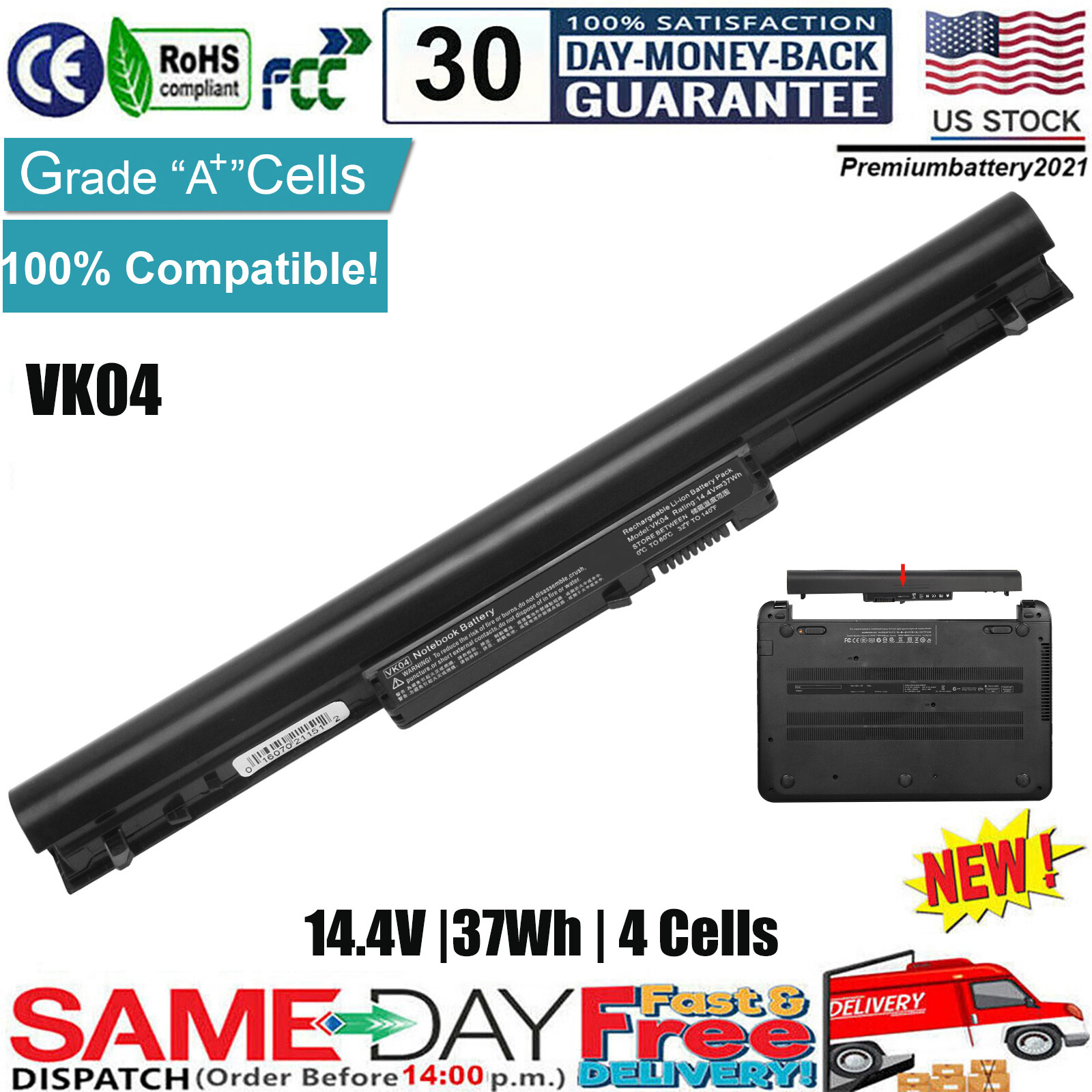 For HP Pavilion Touchsmart 14-b109wm Sleekbook VK04 4cell Notebook Battery USA 