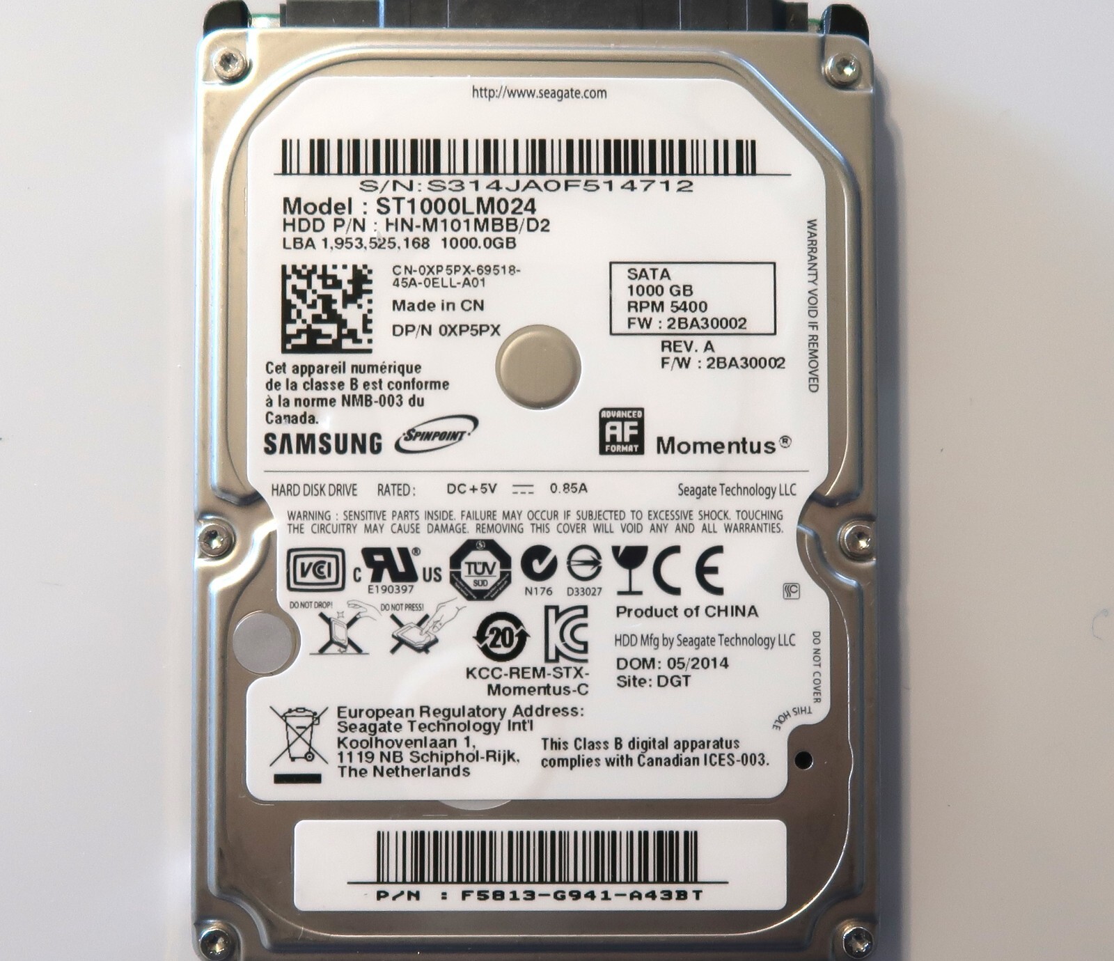 Samsung ST1000LM024 HN-M101MBB/D2  2BA30002 (S31) F5813-G941 2.5" 1TB 05/2014